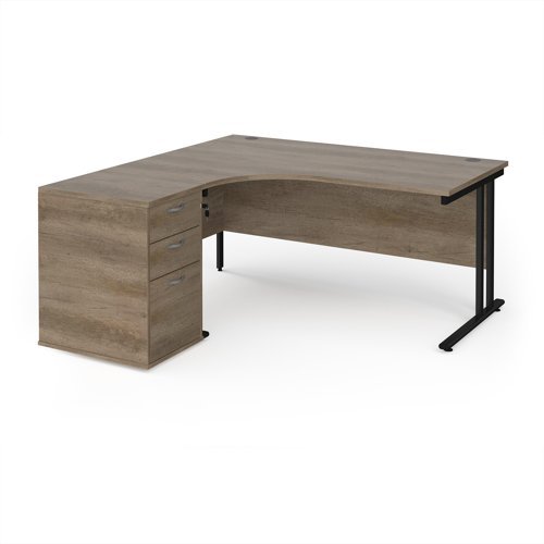 Maestro 25 left hand ergonomic desk 1600mm with black cantilever frame and desk high pedestal - Nebraska Oak - EBK16LNO