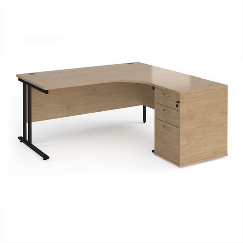 Maestro 25 right hand ergonomic desk 1600mm with black cantilever frame and desk high pedestal - Kendal Oak - EBK16RKO