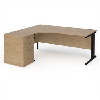 Maestro 25 left hand ergonomic desk 1800mm with black cantilever frame and desk high pedestal - Kendal Oak - EBK18LKO