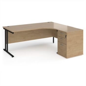 Maestro 25 right hand ergonomic desk 1800mm with black cantilever frame and desk high pedestal - Kendal Oak - EBK18RKO