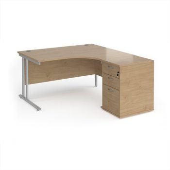 Maestro 25 right hand ergonomic desk 1400mm with silver cantilever frame and desk high pedestal - Kendal Oak - EBS14RKO