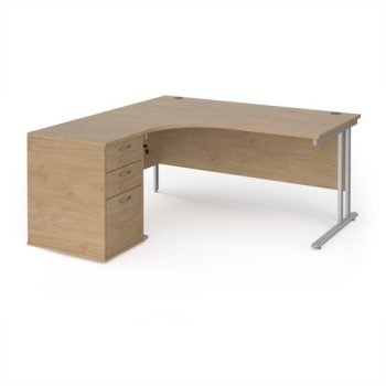 Maestro 25 left hand ergonomic desk 1600mm with silver cantilever frame and desk high pedestal - Kendal Oak - EBS16LKO