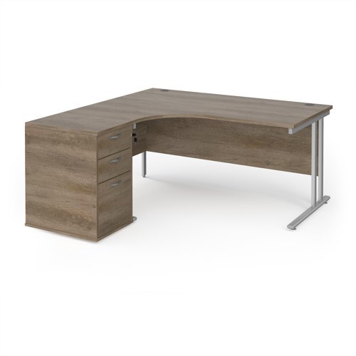 Maestro 25 left hand ergonomic desk 1600mm with silver cantilever frame and desk high pedestal - Nebraska Oak - EBS16LNO