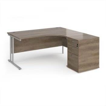 Maestro 25 right hand ergonomic desk 1600mm with silver cantilever frame and desk high pedestal - Nebraska Oak - EBS16RNO