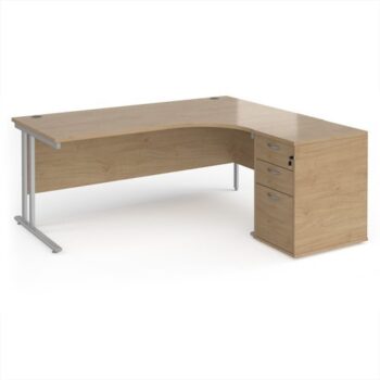 Maestro 25 right hand ergonomic desk 1800mm with silver cantilever frame and desk high pedestal - Kendal Oak - EBS18RKO
