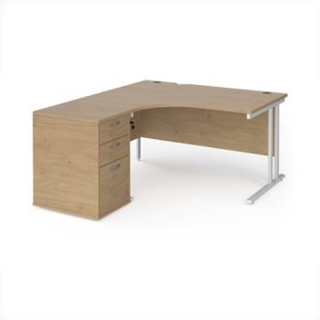 Maestro 25 left hand ergonomic desk 1400mm with white cantilever frame and desk high pedestal - Kendal Oak - EBWH14LKO