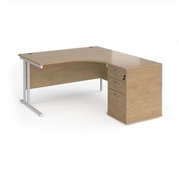 Maestro 25 right hand ergonomic desk 1400mm with white cantilever frame and desk high pedestal - Kendal Oak - EBWH14RKO
