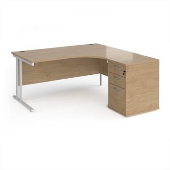 Maestro 25 right hand ergonomic desk 1600mm with white cantilever frame and desk high pedestal - Kendal Oak - EBWH16RKO