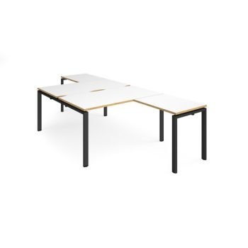 Adapt back to back desks 1400mm x 1600mm with 800mm return desks - black frame White Top with oak edge - ER14168-K-WO