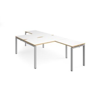 Adapt back to back desks 1400mm x 1600mm with 800mm return desks - silver frame White Top with oak edge - ER14168-S-WO
