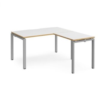 Adapt desk 1400mm x 800mm with 800mm return desk - silver frame White Top with oak edge - ER1488-S-WO