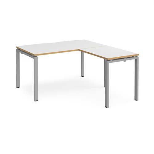 Adapt desk 1400mm x 800mm with 800mm return desk - silver frame White Top with oak edge - ER1488-S-WO