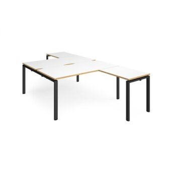 Adapt back to back desks 1600mm x 1600mm with 800mm return desks - black frame White Top with oak edge - ER16168-K-WO
