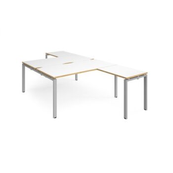 Adapt back to back desks 1600mm x 1600mm with 800mm return desks - silver frame White Top with oak edge - ER16168-S-WO