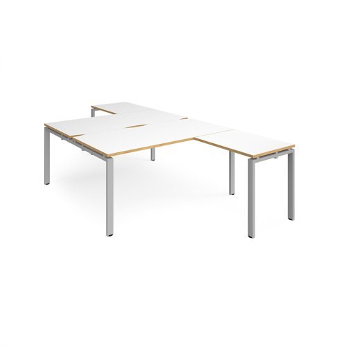 Adapt back to back desks 1600mm x 1600mm with 800mm return desks - silver frame White Top with oak edge - ER16168-S-WO