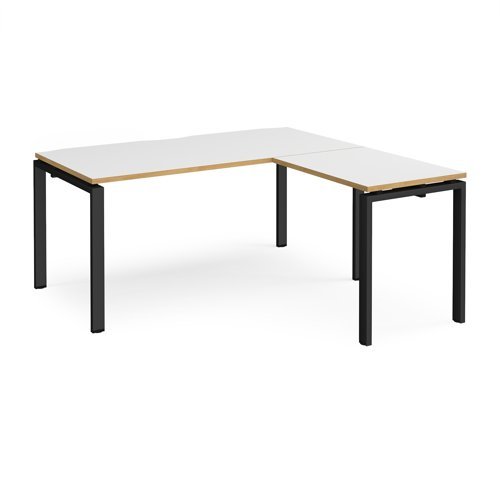 Adapt desk 1600mm x 800mm with 800mm return desk - black frame White Top with oak edge - ER1688-K-WO