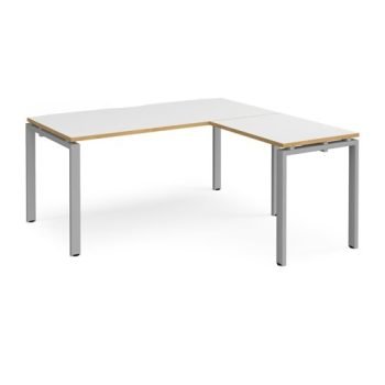 Adapt desk 1600mm x 800mm with 800mm return desk - silver frame White Top with oak edge - ER1688-S-WO