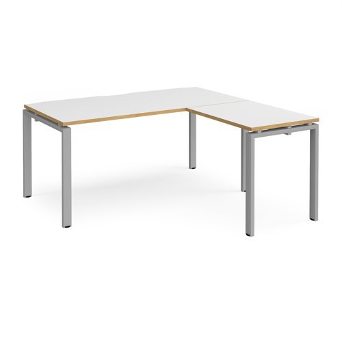 Adapt desk 1600mm x 800mm with 800mm return desk - silver frame White Top with oak edge - ER1688-S-WO
