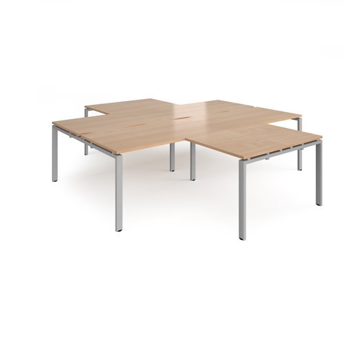 Adapt back to back 4 desk cluster 2800mm x 1600mm with 800mm return desks - silver frame Beech top - ER28168-S-B