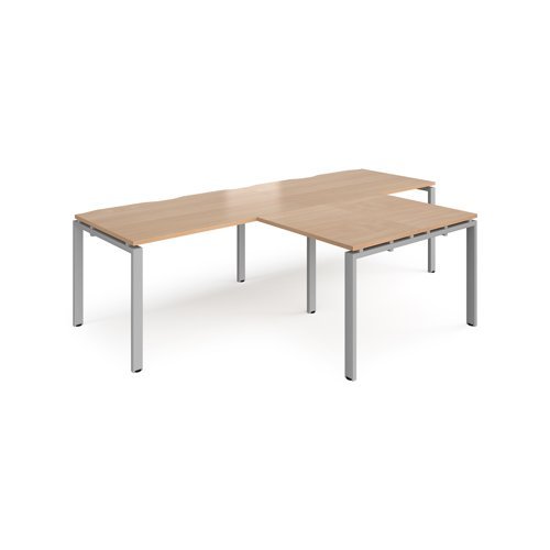 Adapt double straight desks 2800mm x 800mm with 800mm return desks - silver frame Beech top - ER2888-S-B