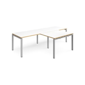 Adapt double straight desks 2800mm x 800mm with 800mm return desks - silver frame White Top with oak edge - ER2888-S-WO