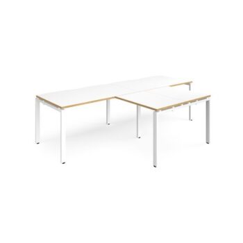 Adapt double straight desks 2800mm x 800mm with 800mm return desks - white frame White Top with oak edge - ER2888-WH-WO