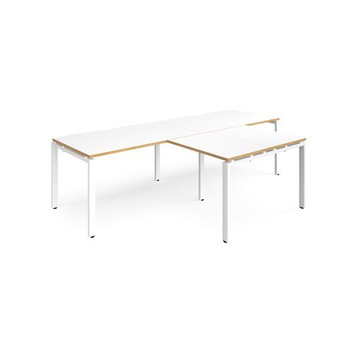 Adapt double straight desks 2800mm x 800mm with 800mm return desks - white frame White Top with oak edge - ER2888-WH-WO