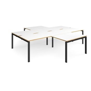 Adapt back to back 4 desk cluster 3200mm x 1600mm with 800mm return desks - black frame White Top with oak edge - ER32168-K-WO