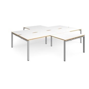 Adapt back to back 4 desk cluster 3200mm x 1600mm with 800mm return desks - silver frame White Top with oak edge - ER32168-S-WO