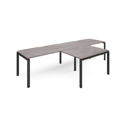 Adapt double straight desks 3200mm x 800mm with 800mm return desks - black frame Grey Oak Top - ER3288-K-GO