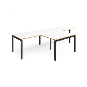 Adapt double straight desks 3200mm x 800mm with 800mm return desks - black frame White Top with oak edge - ER3288-K-WO
