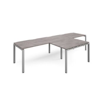 Adapt double straight desks 3200mm x 800mm with 800mm return desks - silver frame Grey Oak Top - ER3288-S-GO