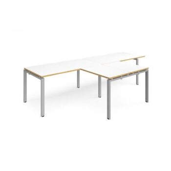 Adapt double straight desks 3200mm x 800mm with 800mm return desks - silver frame White Top with oak edge - ER3288-S-WO