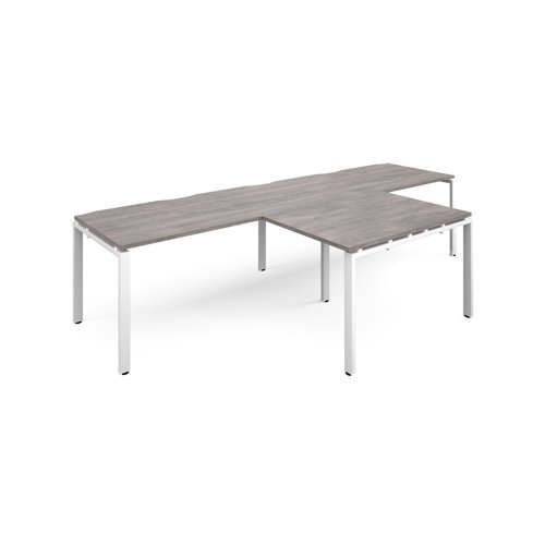 Adapt double straight desks 3200mm x 800mm with 800mm return desks - white frame Grey Oak Top - ER3288-WH-GO