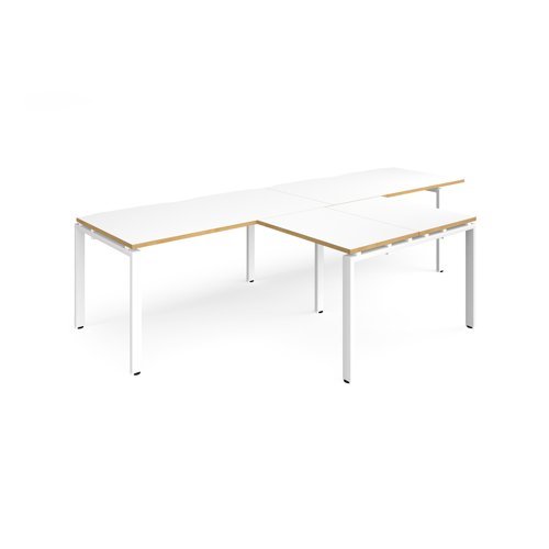 Adapt double straight desks 3200mm x 800mm with 800mm return desks - white frame White Top with oak edge - ER3288-WH-WO