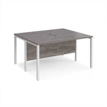 Maestro 25 back to back straight desks 1400mm x 1200mm - white bench leg frame Grey Oak Top - MB1412BWHGO