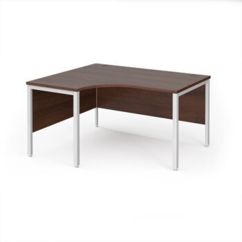 Maestro 25 left hand ergonomic desk 1400mm wide - white bench leg frame Walnut top - MB14ELWHW