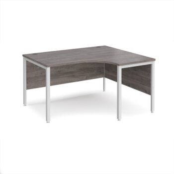 Maestro 25 right hand ergonomic desk 1400mm wide - white bench leg frame Grey Oak Top - MB14ERWHGO