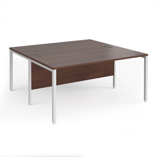 Maestro 25 back to back straight desks 1600mm x 1600mm - white bench leg frame Walnut top - MB1616BWHW