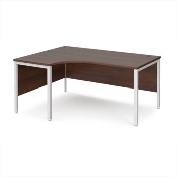 Maestro 25 left hand ergonomic desk 1600mm wide - white bench leg frame Walnut top - MB16ELWHW