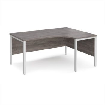 Maestro 25 right hand ergonomic desk 1600mm wide - white bench leg frame Grey Oak Top - MB16ERWHGO