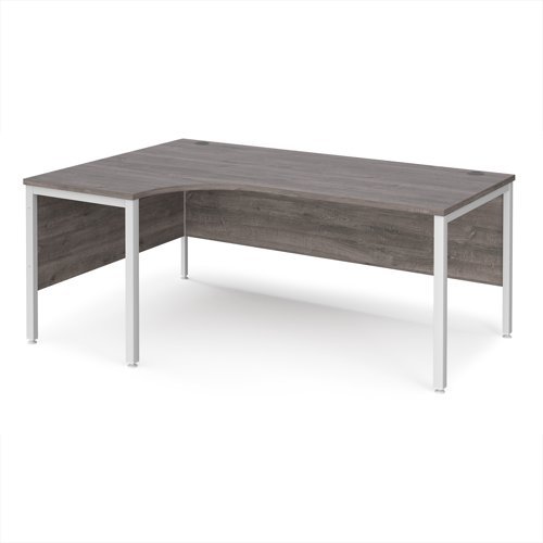 Maestro 25 left hand ergonomic desk 1800mm wide - white bench leg frame Grey Oak Top - MB18ELWHGO