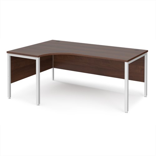 Maestro 25 left hand ergonomic desk 1800mm wide - white bench leg frame Walnut top - MB18ELWHW