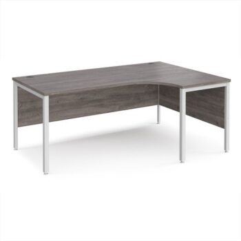 Maestro 25 right hand ergonomic desk 1800mm wide - white bench leg frame Grey Oak Top - MB18ERWHGO