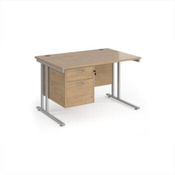 Maestro 25 straight desk 1200mm x 800mm with 2 drawer pedestal - silver cantilever leg frame Kendal Oak Top - MC12P2SKO
