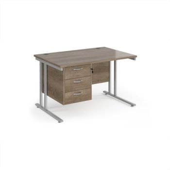 Maestro 25 straight desk 1200mm x 800mm with 3 drawer pedestal - silver cantilever leg frame Nebraska Oak Top - MC12P3SNO
