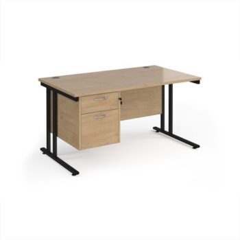 Maestro 25 straight desk 1400mm x 800mm with 2 drawer pedestal - black cantilever leg frame Kendal Oak Top - MC14P2KKO