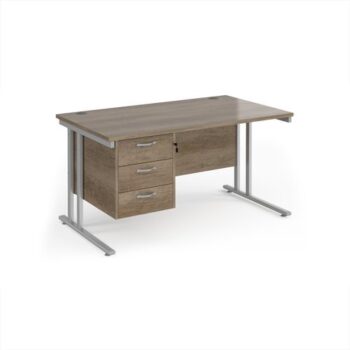 Maestro 25 straight desk 1400mm x 800mm with 3 drawer pedestal - silver cantilever leg frame Nebraska Oak Top - MC14P3SNO