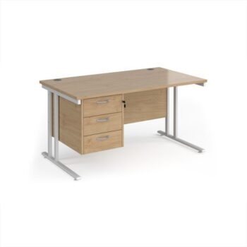 Maestro 25 straight desk 1400mm x 800mm with 3 drawer pedestal - white cantilever leg frame Kendal Oak Top - MC14P3WHKO