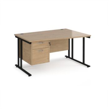Maestro 25 right hand wave desk 1400mm wide with 2 drawer pedestal - black cantilever leg frame Kendal Oak Top - MC14WRP2KKO